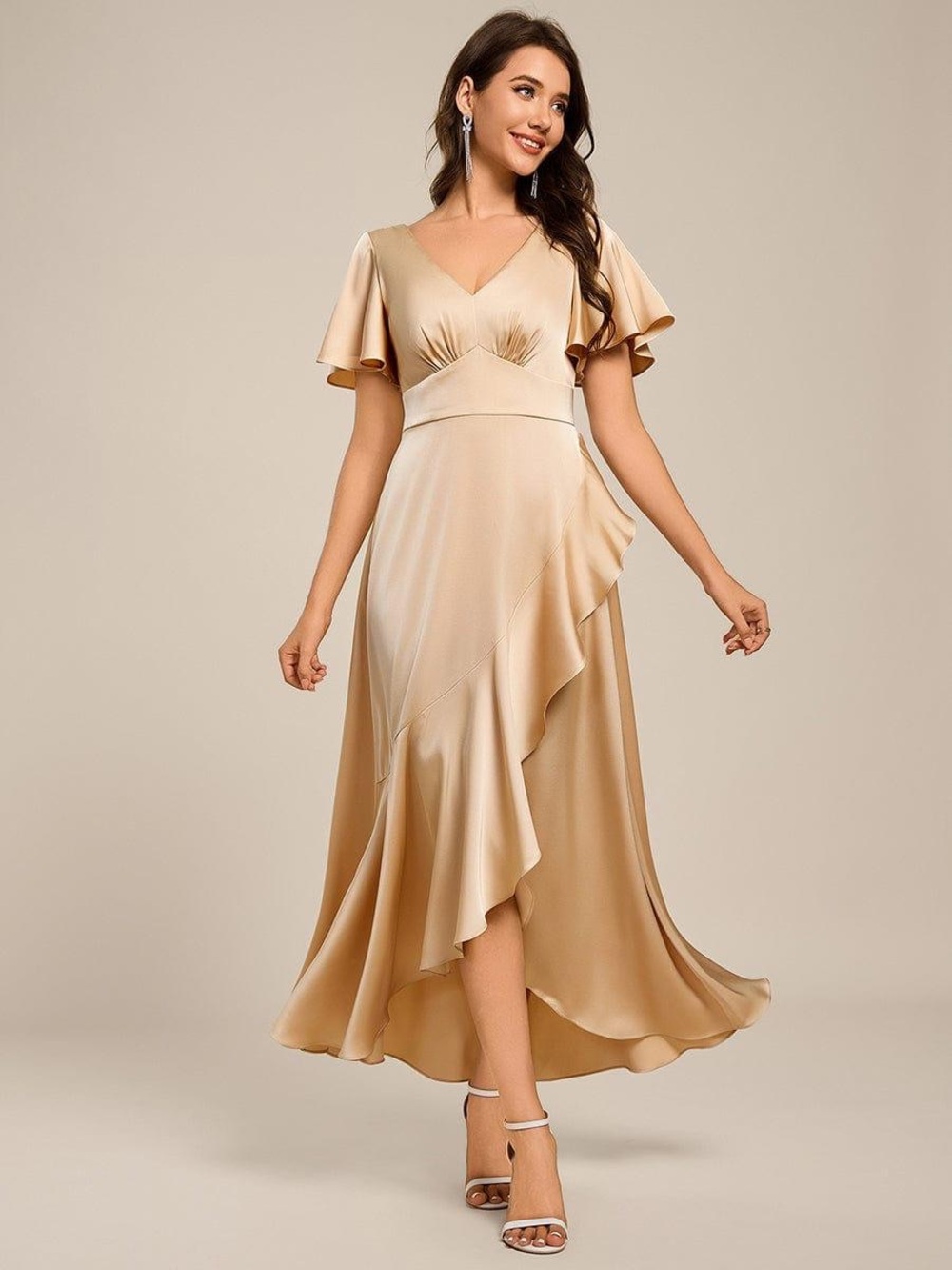 NWT Short Sleeve Ruffled Satin Midi Wedding Guest Dress - Size 6